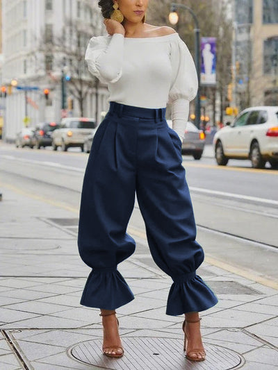 High Waisted Pleated Pockets Ruffle Trim Solid Color Pants