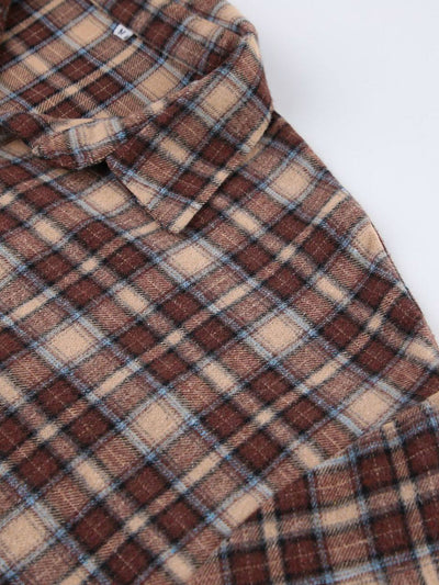 Long Sleeves Loose Buttoned Contrast Color Plaid Split-Joint Lapel Blouses&Shirts Tops Outerwear