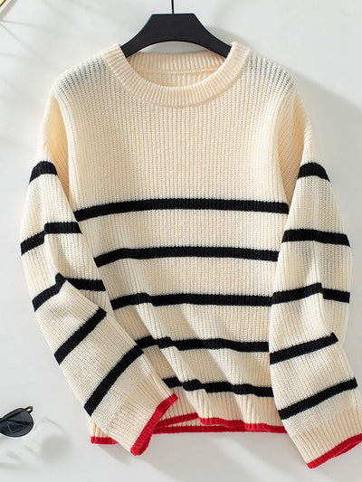 Long Sleeves Loose Contrast Color Split-Joint Striped Round-Neck Pullovers Sweater Tops
