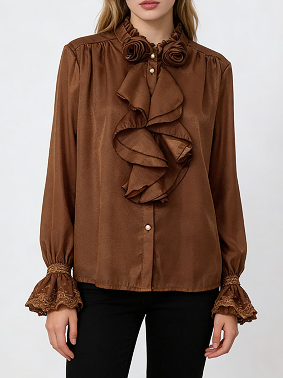 Long Sleeves Ruffle Sleeves Buttoned Pleated Ruffled Solid Color Split-Joint Stand Collar Blouses&Shirts Tops