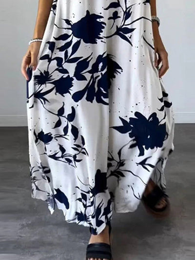 Loose Plus Size Floral Printed Split-Joint Spaghetti-Neck Maxi Dresses