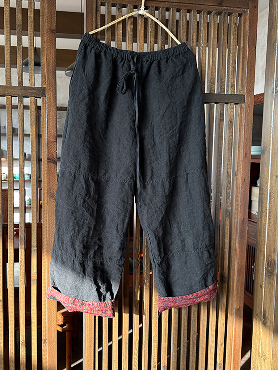 Plus Size Women Vintage Spring Pure Color Wide-leg Linen Pants