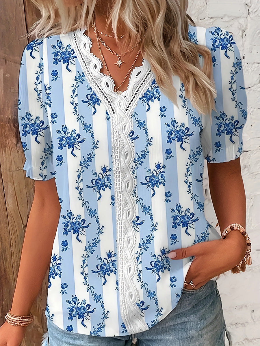 Loose Puff Sleeves Contrast Color Flower Print Hollow Pleated Split-Joint V-Neck Blouses&Shirts Tops