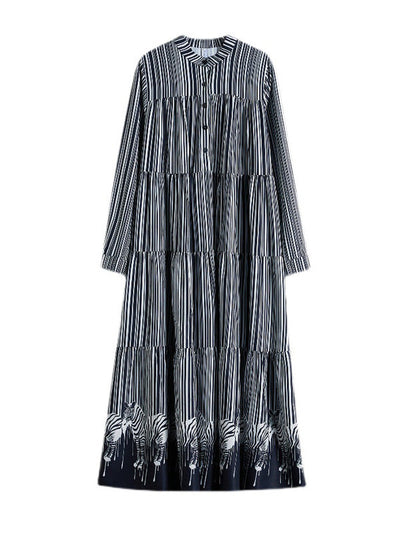 Vintage Loose Striped Buttoned Stand Collar Long Sleeves Midi Dress