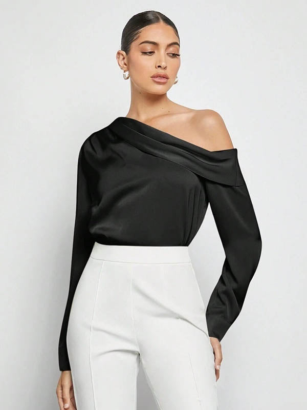 Long Sleeves Skinny Pleated Solid Color Split-Joint One-Shoulder Blouses&Shirts Tops