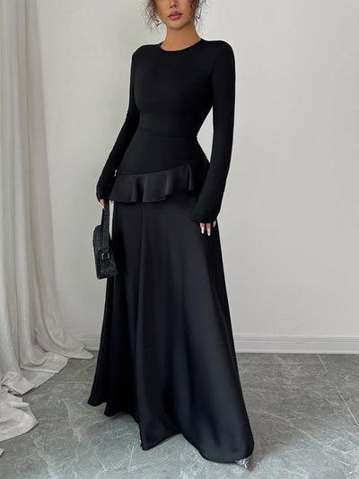 A-Line High Waisted Ruffle Trim Solid Color Split-Joint Round-Neck Maxi Dresses