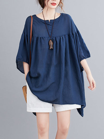 Half Sleeves Loose Pleated See-Through Solid Color Round-Neck Blouses&Shirts Tops