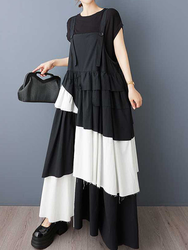 A-Line Loose Asymmetric Buttoned Pleated Spaghetti-Neck Maxi Dresses Suspender Dress