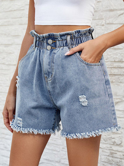 Loose Wide Leg Buttoned Elasticity Fringed Pockets Jean Pants Bottoms Shorts Bottoms