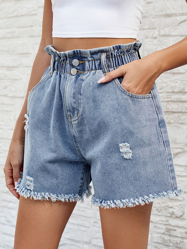 Loose Wide Leg Buttoned Elasticity Fringed Pockets Jean Pants Bottoms Shorts Bottoms