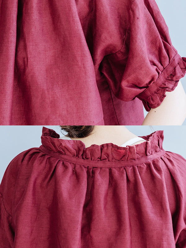 Half Sleeves Loose Ruffled Solid Color Round-Neck T-Shirts Tops