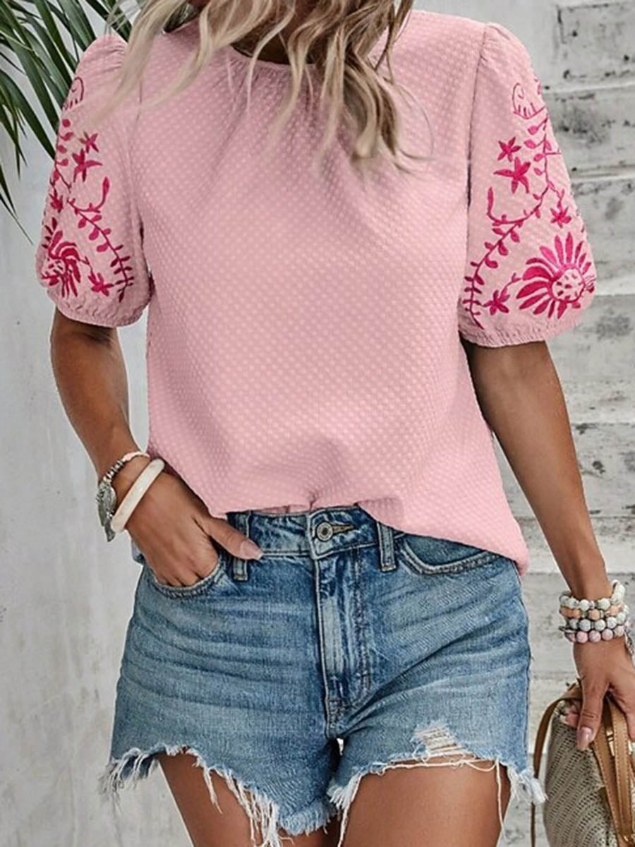 Loose Short Sleeves Bow-Embellished Contrast Color Split-Joint Round-Neck Blouses&Shirts Tops