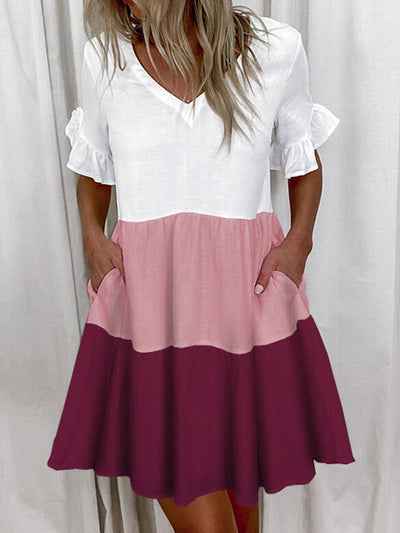 A-Line High Waisted Contrast Color Pleated Pockets Printed Split-Joint V-Neck Midi Dresses