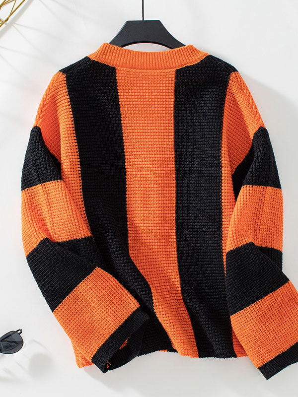 Long Sleeves Loose Buttoned Contrast Color Split-Joint Striped V-Neck Cardigan Tops