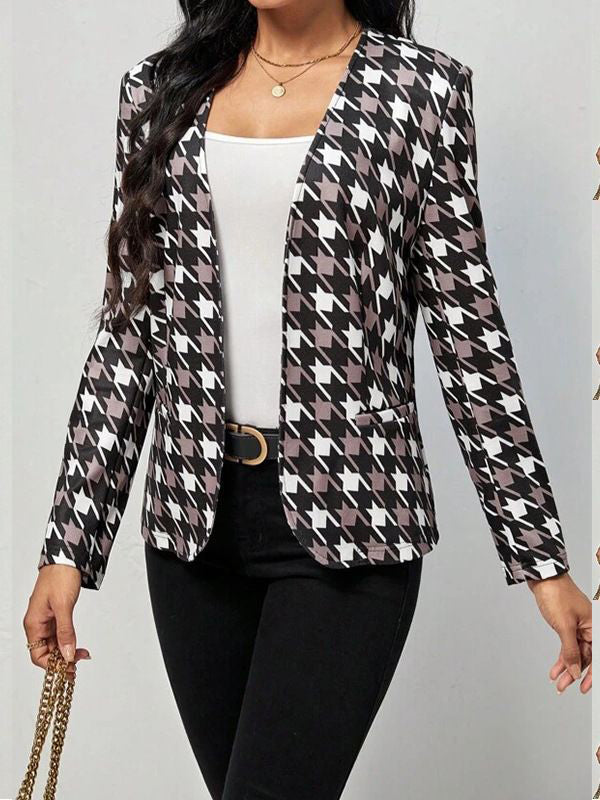 Long Sleeves Loose Houndstooth Pockets V-Neck Blazer Outerwear