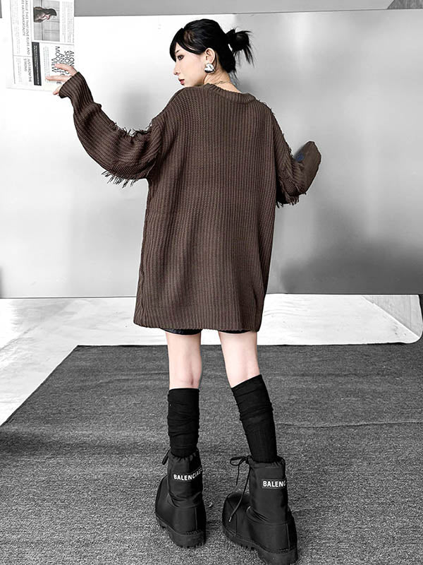 Irregularity Long Sleeves Abstract Printed Asymmetric Contrast Color Split-Joint Tasseled Round-Neck Sweater Tops