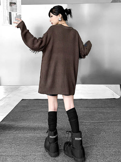 Irregularity Long Sleeves Abstract Printed Asymmetric Contrast Color Split-Joint Tasseled Round-Neck Sweater Tops