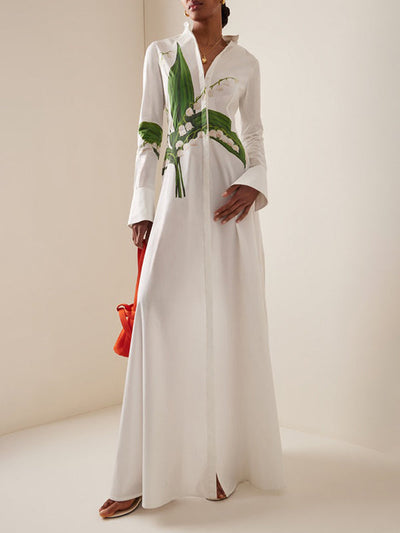 A-Line Long Sleeves Buttoned Flower Print Round-Neck Maxi Dresses