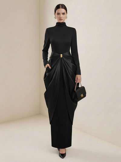 Long Sleeves Buckle Draped High-Neck Evening Dresses Maxi Dresses