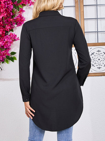 Long Sleeves Loose See-Through Solid Color Split-Joint Lapel Blouses