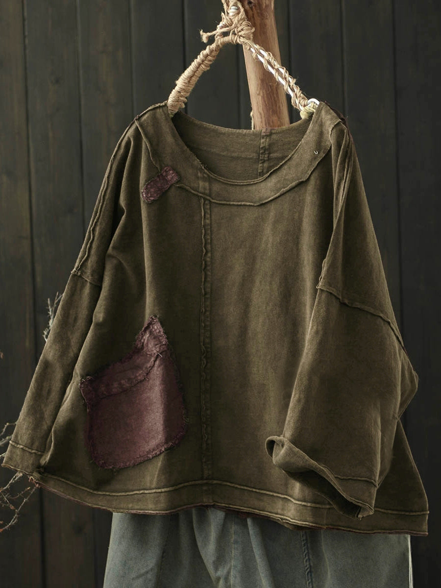 Plus Size Women Autumn Retro Pure Color Cotton Spliced O-Neck Shirt