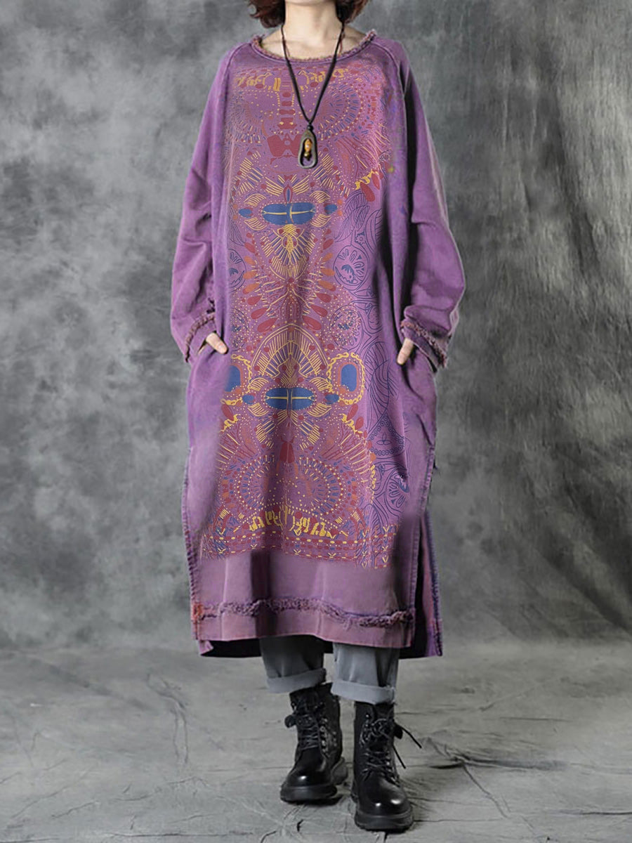 Plus Size Women Autumn Ethnic Print O-Neck Loose Cotton Dress