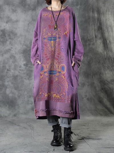 Plus Size Women Autumn Ethnic Print O-Neck Loose Cotton Dress