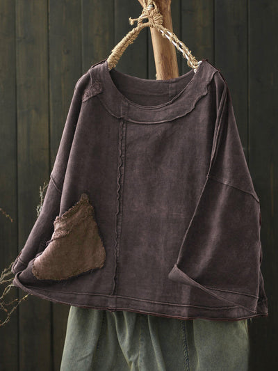 Plus Size Women Autumn Retro Pure Color Cotton Spliced O-Neck Shirt