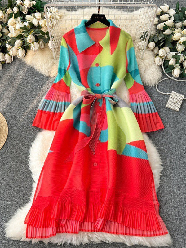 Flared Sleeves Loose Belted Contrast Color Pleated Midi Dresses