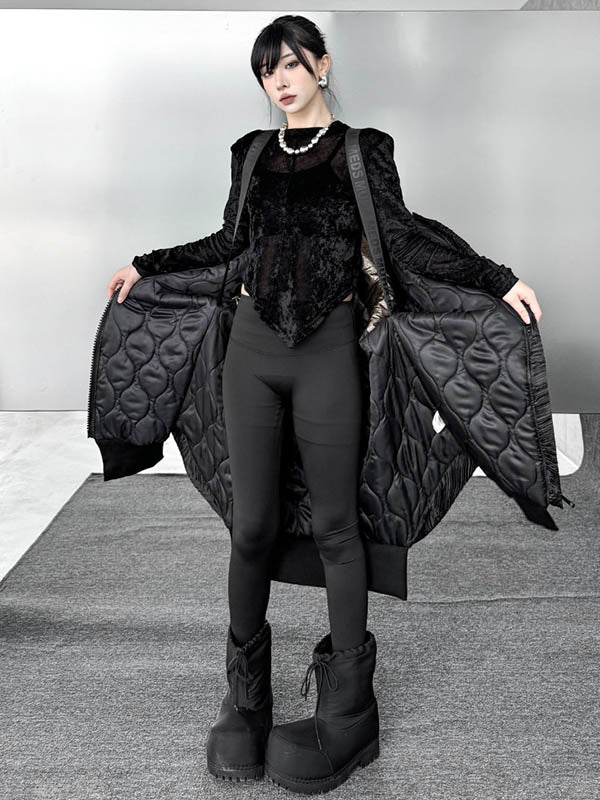 High-Low Irregularity Abstract Printed Contrast Color Split-Joint Zipper Hooded Outerwear Overcoat