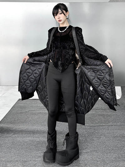 High-Low Irregularity Abstract Printed Contrast Color Split-Joint Zipper Hooded Outerwear Overcoat