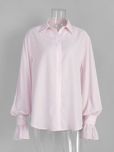 Loose Puff Sleeves Pleated Solid Color Split-Joint Lapel Blouses&Shirts Tops