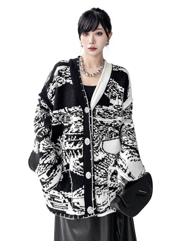 Long Sleeves Loose Abstract Printed Buttoned Contrast Color Pockets Split-Joint Collarless Cardigan Tops Outerwear