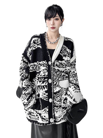 Long Sleeves Loose Abstract Printed Buttoned Contrast Color Pockets Split-Joint Collarless Cardigan Tops Outerwear