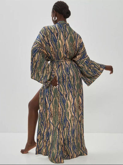 Batwing Sleeves Long Sleeves Contrast Color Printed Tied Waist Deep V-Neck Cover-Up