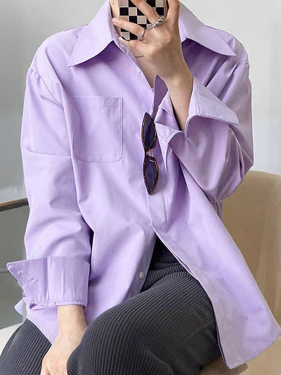 Long Sleeves Loose Buttoned Pockets Solid Color Lapel Blouses&Shirts Tops