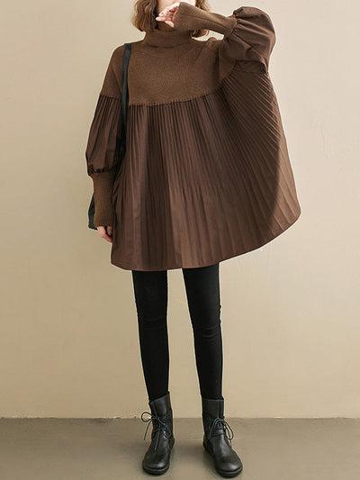 Knitting Pleats Split-Joint High-Neck Pullover Top