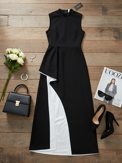 Irregular Clipping Skinny Contrast Color Round-Neck Maxi Dresses