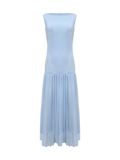 Sleeveless Gauze Pleated Solid Color Split-Joint Boat Neck Evening Dresses Maxi Dresses