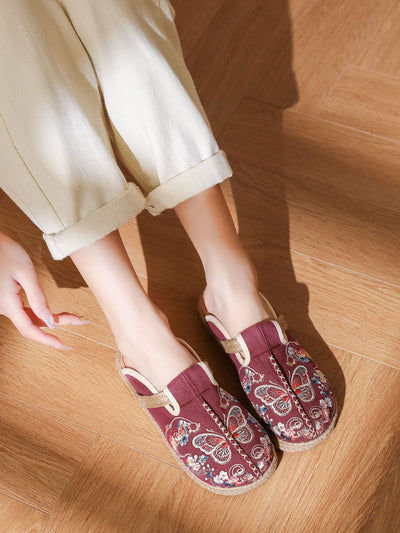 Women Ethnic Summer Butterfly Embroidery Linen Slippers
