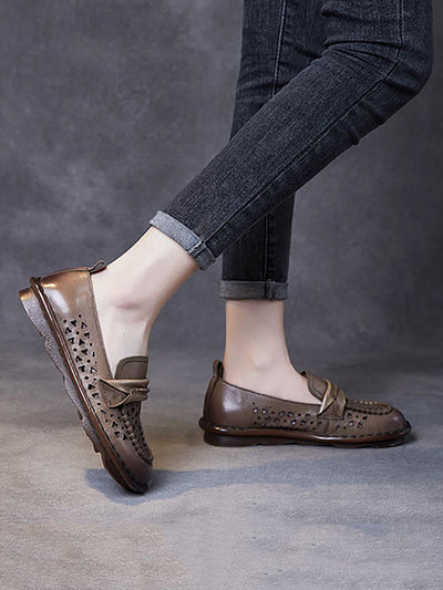 Women Summer Genuine Leather Stitching Low Heel Shoes