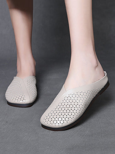 Women Summer Vintage Hollow Out Leather Flat Slippers