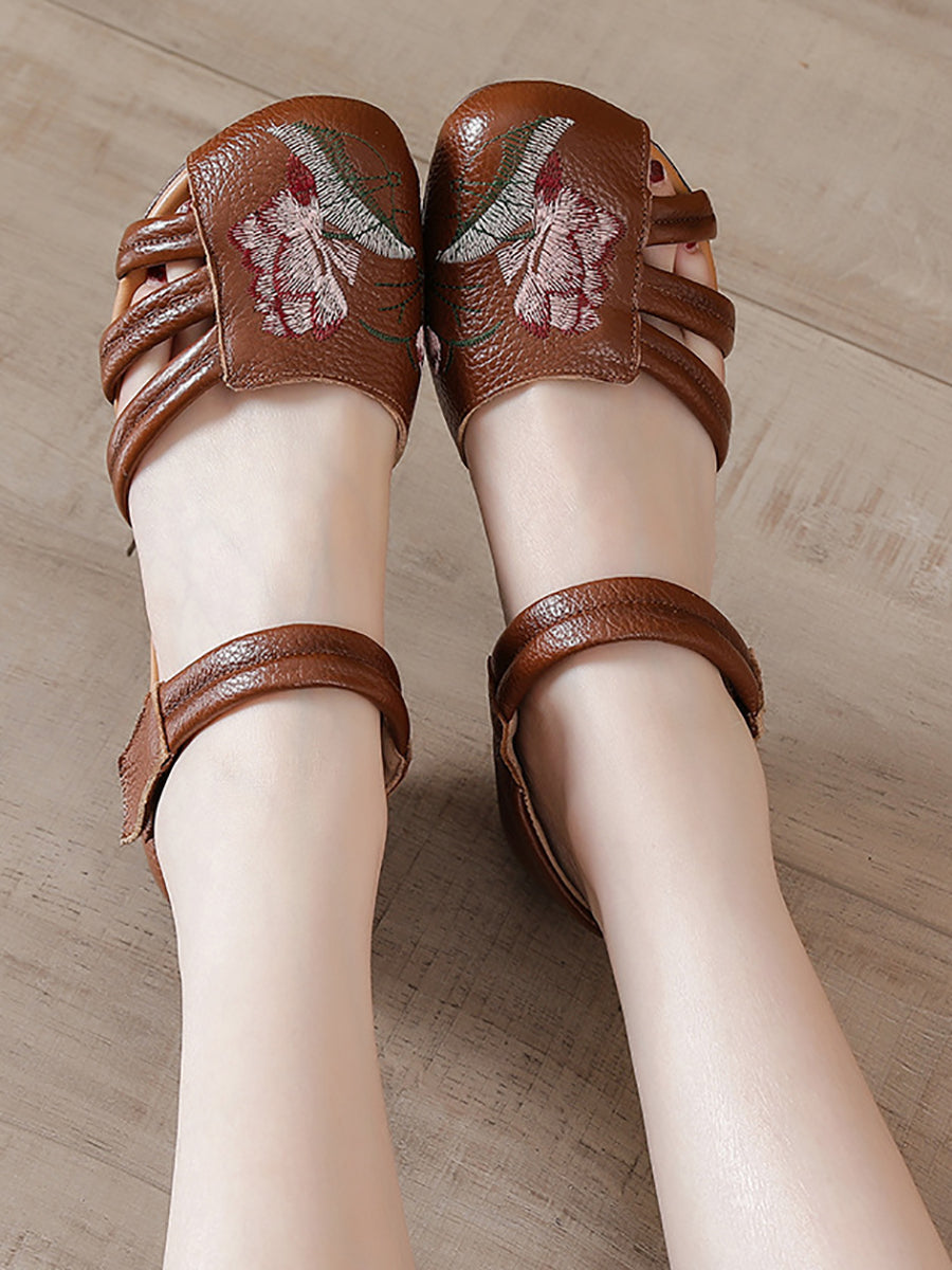 Women Summer Genuine Leather Embroidery Mid Heel Shoes