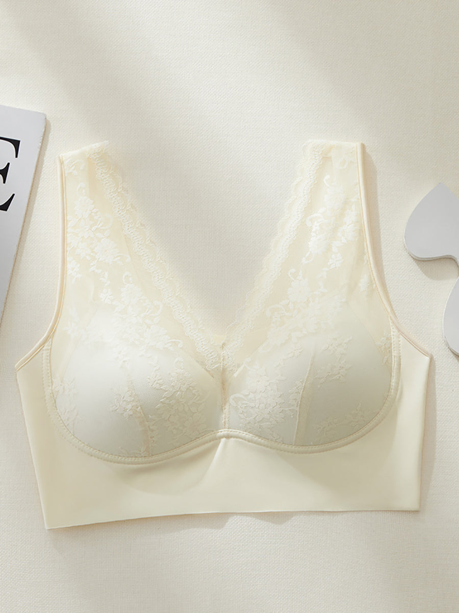 Women Artsy Pure Color Lace Satin Seamless Bra