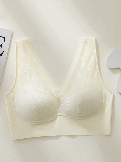 Women Artsy Pure Color Lace Satin Seamless Bra