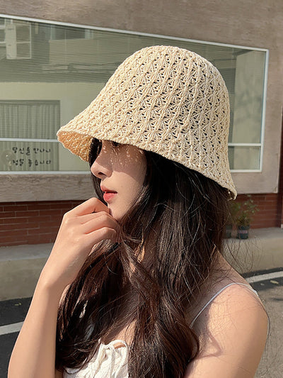 Women Summer Weave Hollow Out Bucket Hat