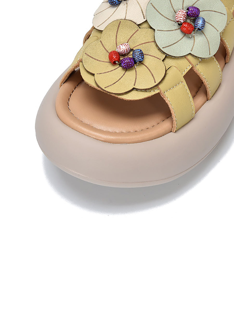 Women Casual Artsy Leather Flowe Platform Sandals