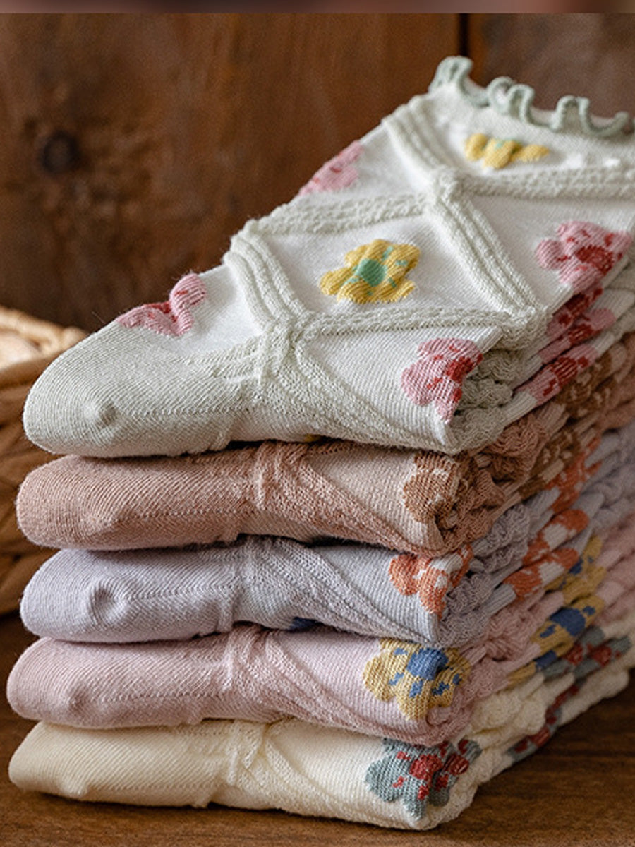 6 Pairs Women Artsy Summer Flower Rhombiods Socks