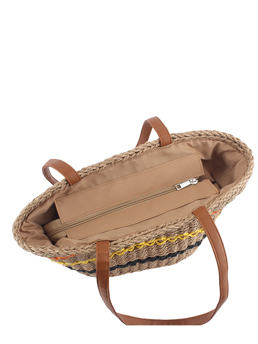 Women Fashion Colorblock Straw Weave Shoulder Bag