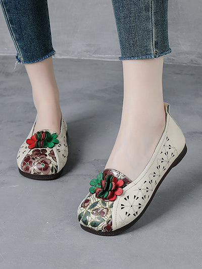 Women Summer Ethnic Flower Leather Spliced Shoes